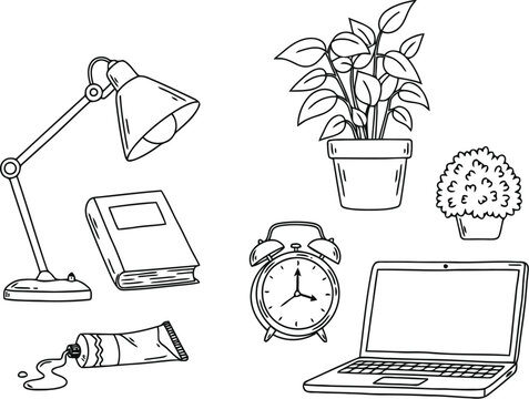 Hand drawn sketch of desk items for study and work