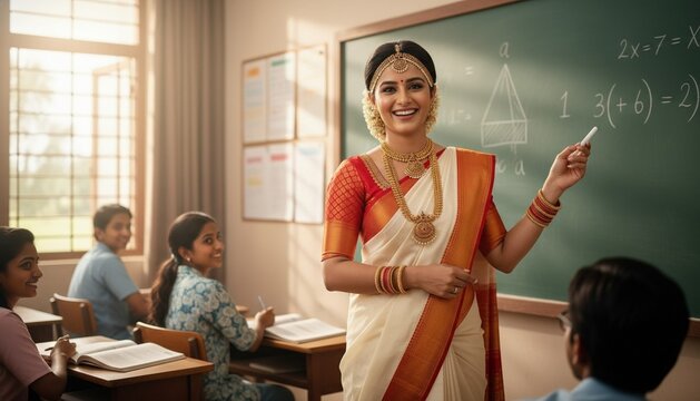 Indian female teacher in traditional saree teaching math in a classroom