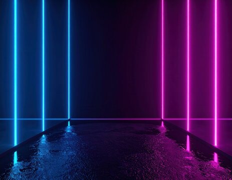 Futuristisches dunkles Studio mit Neon-Lichtreflexionen in Blau und Pink auf Wasser