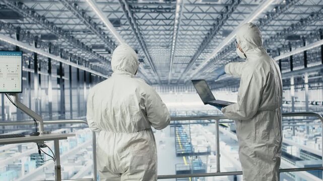Reviewing schematics, safety suits and employees in microchip smart factory talking. Overseeing gear layouts, EDA software and teamworking colleagues collaborating in industry 4.0 plant, camera B