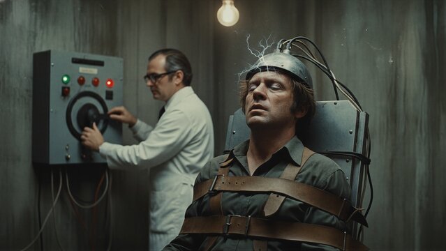 Scientist using control panel on strapped man wearing electrodes for brain experiment. Mind control and hypnosis session in laboratory. Psychotherapy study and sinister medical testing concept.