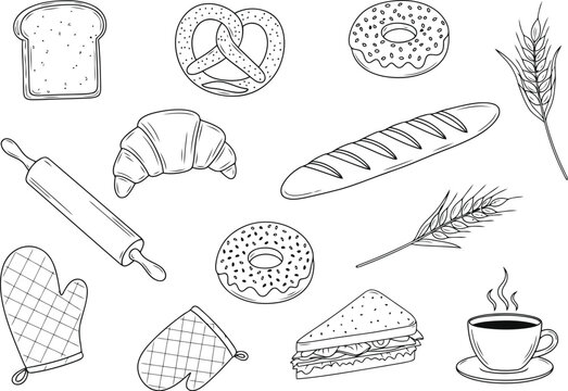 Hand drawn bakery items and baking tools collection