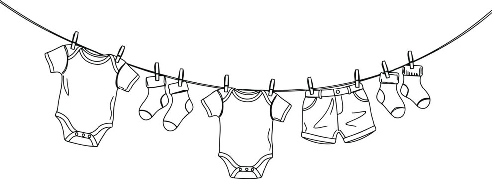 Delicate baby clothes drying on a clothesline illustration