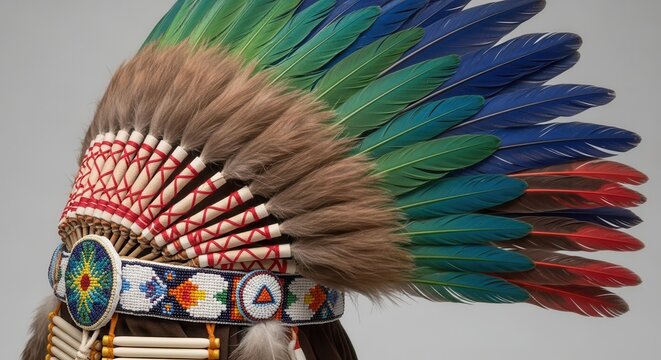 Vibrant indigenous ceremonial headdress with colorful feathers and intricate beadwork showcasing