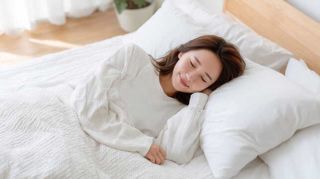 Serene Slumber: A peaceful young woman enjoys a moment of rest in a bright, inviting bedroom, capturing the tranquility of a perfect morning.