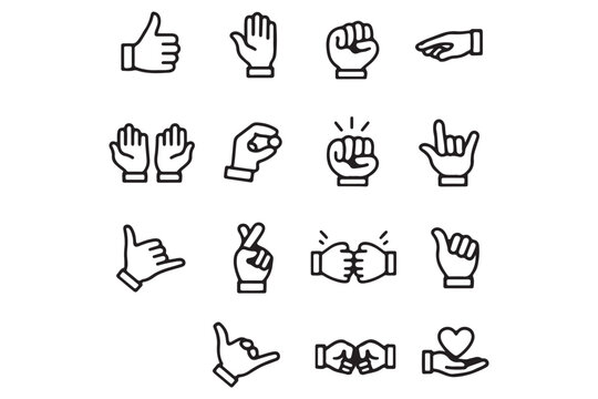Hand gesture outline icons set with pointing thumbs handshake and swipe vector illustration