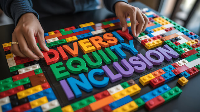 Hands arranging colorful blocks spelling diversity equity inclusion symbolizing financial stability and economic growth
