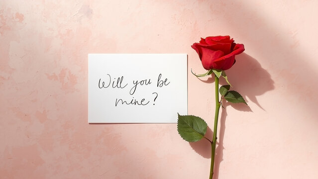 Will you be mine? A red rose and a handwritten note expressing romantic affection, perfect for Valentine's Day or anniversaries