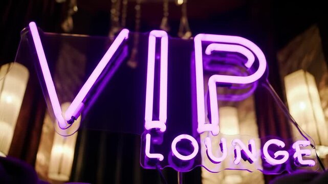 A purple neon sign reading 'VIP Lounge' in a dimly lit room, evoking exclusivity and luxury.