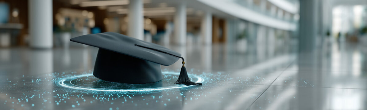 Academic Graduation Cap in Modern Structure: The image captures a graduation cap on a bright, modern interior setting. The composition highlights the concept of educational success, learning.