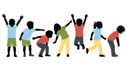 Fototapeta premium Children silhouettes jumping playing squatting bending in colorful clothing.