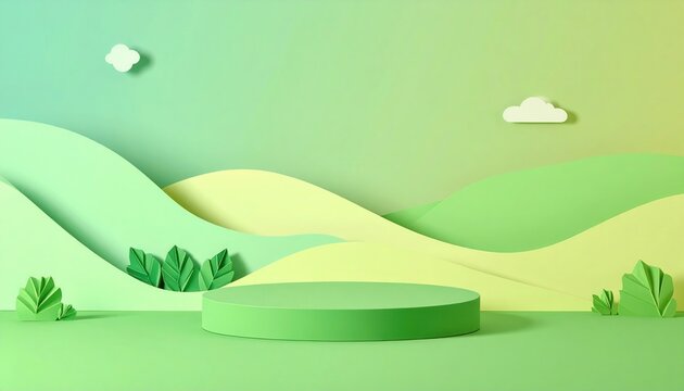 P&oacute;dio de exibi&ccedil;&atilde;o de produto em paisagem minimalista de arte em papel verde com colinas e folhas
