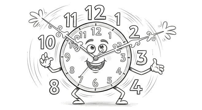 Happy cartoon clock character with arms and legs, smiling, time concept