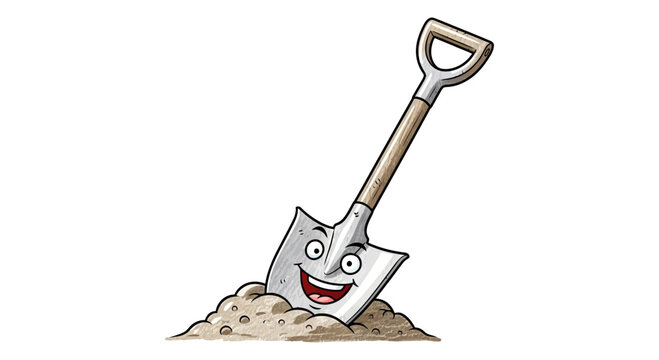 Happy cartoon shovel buried in dirt, smiling with eyes wide open