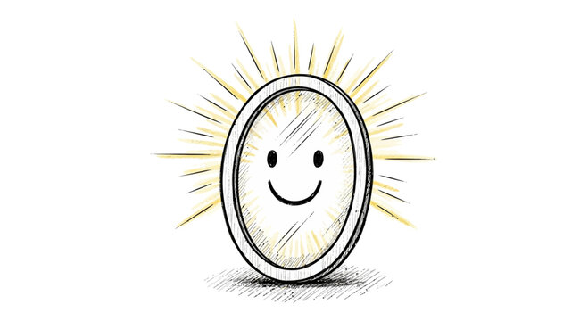 Happy smiling mirror reflecting light, concept of self-esteem and positivity