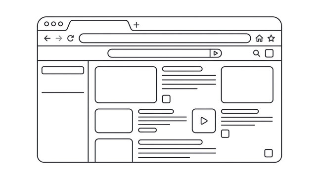 Clean vector illustration of website interface layout with wireframe elements. Ideal for UI/UX design, web development presentations, and digital product mockups. Minimal style ensures clarity and ada