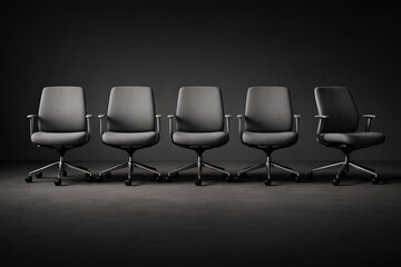 Fototapeta premium Row of modern office chairs in dark setting, symbolizing corporate environment, recruitment, and business concepts.