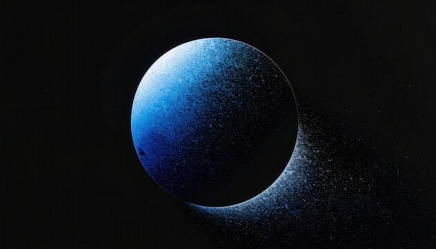 Abstrakte kosmische Kugel mit blauem Farbverlauf und gesprenkelter Textur auf schwarzem Hintergrund