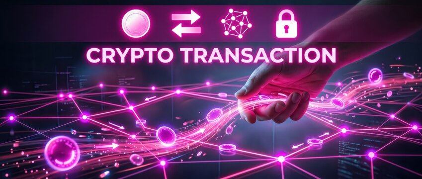 Digital network with hand interacting with glowing nodes during crypto transaction