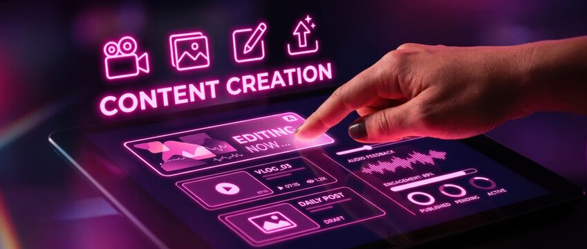 Finger touching glowing screen with content creation icons and digital interface