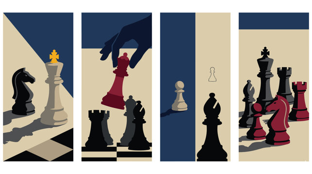 Minimalist chess pieces collection depicting strategic board game play components.