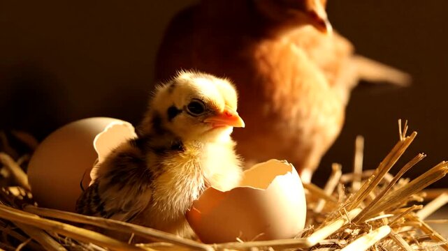 Newborn chick hatches from egg.