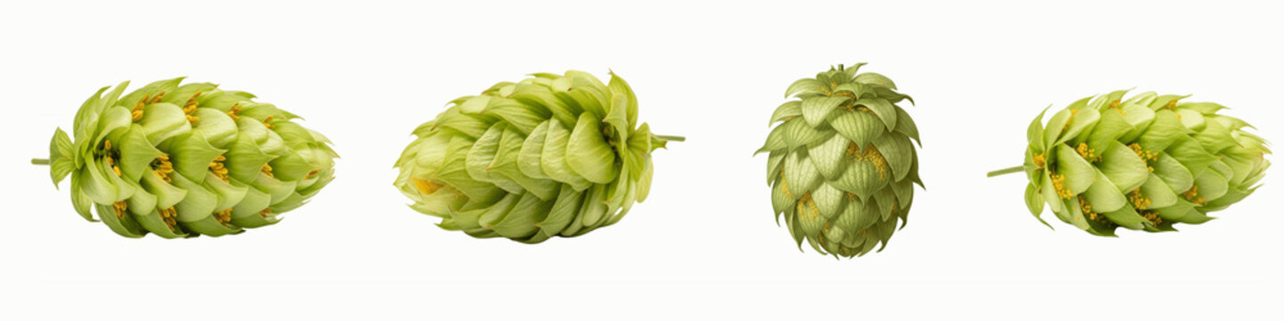 Set of fresh green hop cones isolated on black background for brewery