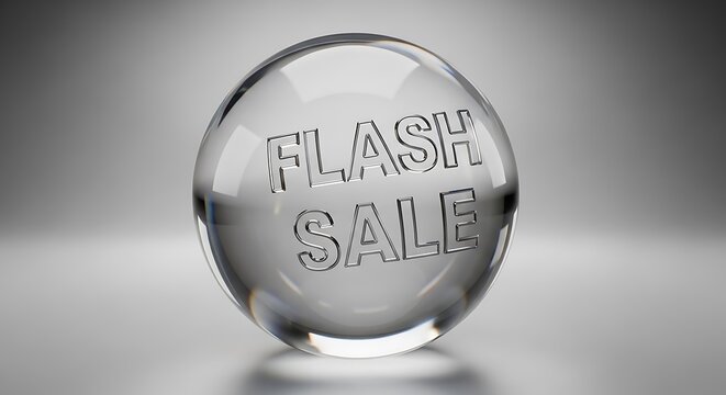 Crystal Ball with "Flash Sale" Engraved, Reflecting Light on Gray Background