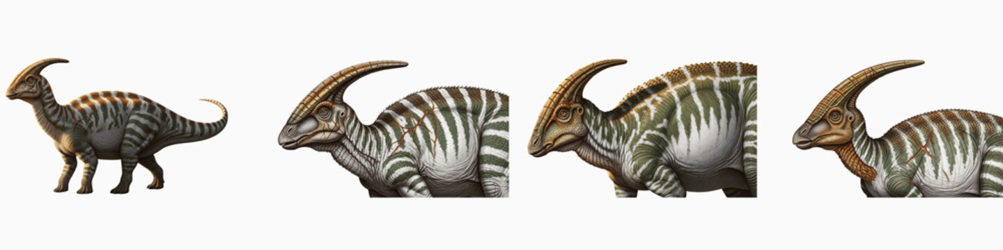 Set of Parasaurolophus dinosaur illustrations on isolated black background