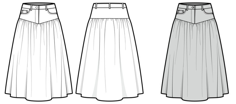 Women Yoke Gathered Skirt Technical Flat Sketch, High Waist A-Line Maxi Skirt Front Back