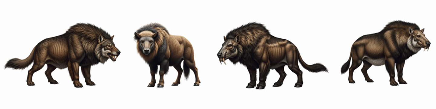Set of prehistoric extinct saber-toothed wolf creatures on black background