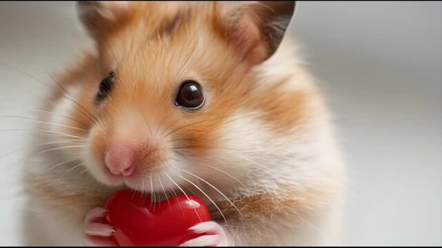 Cute beautiful hamster holding a small red heart symbol of love