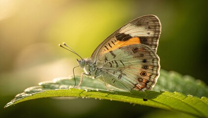 Fototapeta premium Macro Close-Up of Butterfly Resting on Green Leaf