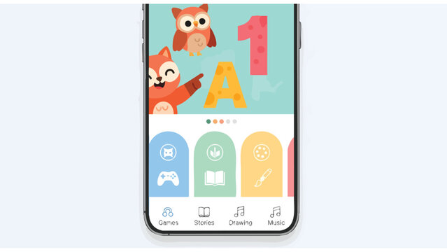 Kids Educational App Interface Design - Learning Games, Stories, Music