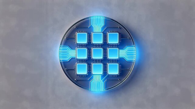 Circular circuit board with glowing blue components