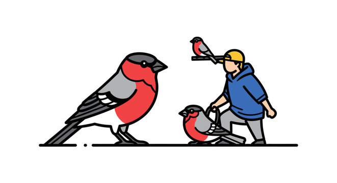 Illustration of a Man Interacting with Three Beautiful Bullfinches.