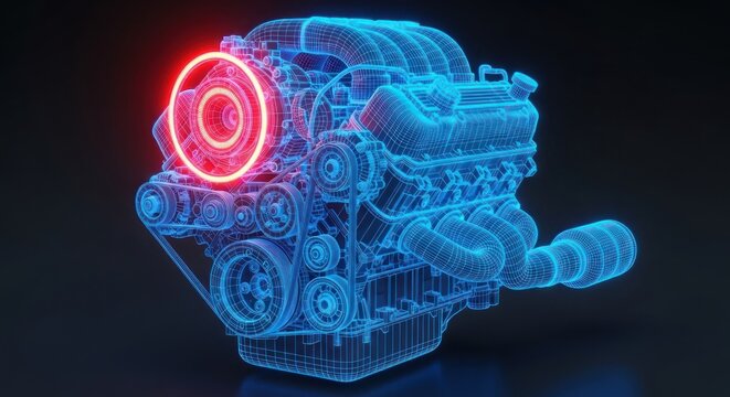 A glowing blue 3D illustration of an engine with a red light on the side against a dark background.