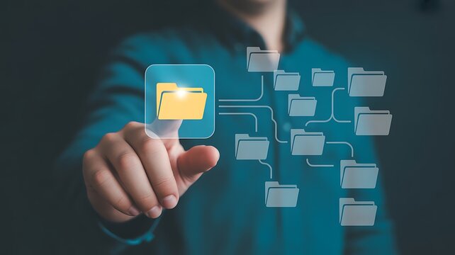 Digital Organization Concept Hand Interacting with a Futuristic Folder Network Interface
