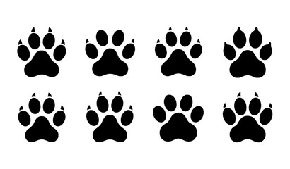 Fototapeta premium Minimal paw print icon set with dog and cat footprints in simple flat vector design