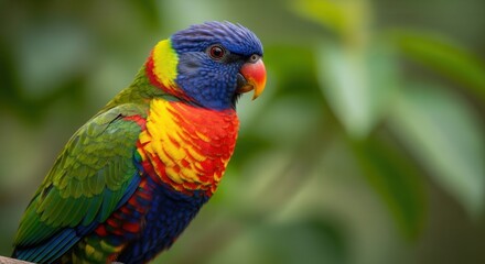 Naklejka premium Vibrant Rainbow Lorikeet Parrot Perched on Branch, Exotic Bird Portrait