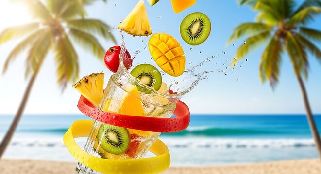 Tropical fruit cocktail splash with slices of pineapple mango and kiwi at the beach cocktail tropical refreshment