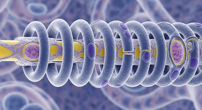 Microscopic view of a DNA helix structure with cellular background.