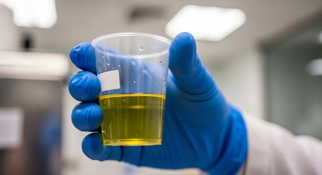 Close-up of a gloved hand holding a urine sample cup in a laboratory setting.