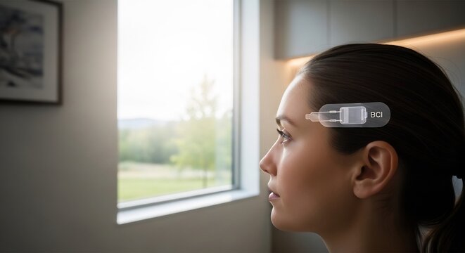 Woman with futuristic brain-computer interface device looking out window.