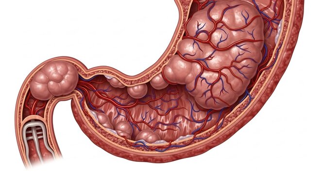 Detailed illustration of stomach polyps and cancerous tumors in the human digestive system.