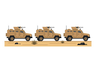 Fototapeta premium Three military vehicles driving through a desert landscape, ready for battle. These armored vehicles are equipped with machine guns on top