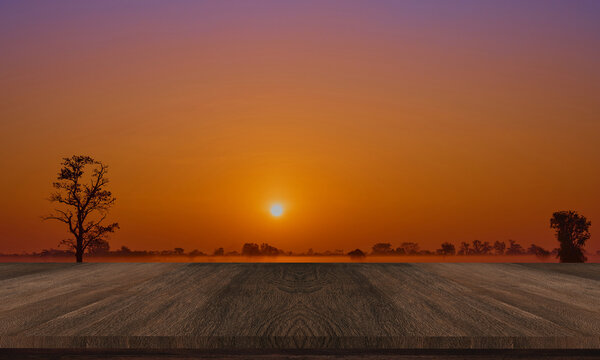 minimalist advertising space on wooden table in sunset light