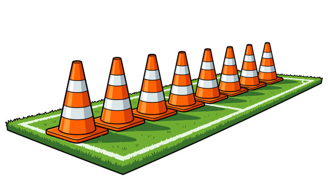Traffic cones lined up on a training ground for an obstacle course.  They are arranged in a straight line on a green, grassy surface. 
