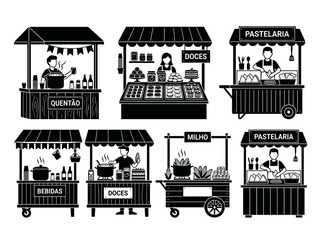 Naklejka premium Street food stalls illustration in black and white, featuring people selling various food items and beverages