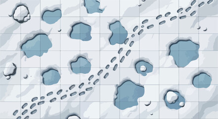 Snowy battle map vector with frozen ice puddles, winter landscape grid for tabletop gaming, top down arctic terrain with footprints and snow drifts © line art stcoker.com